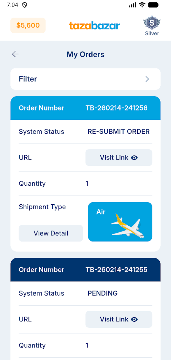 My Orders screen